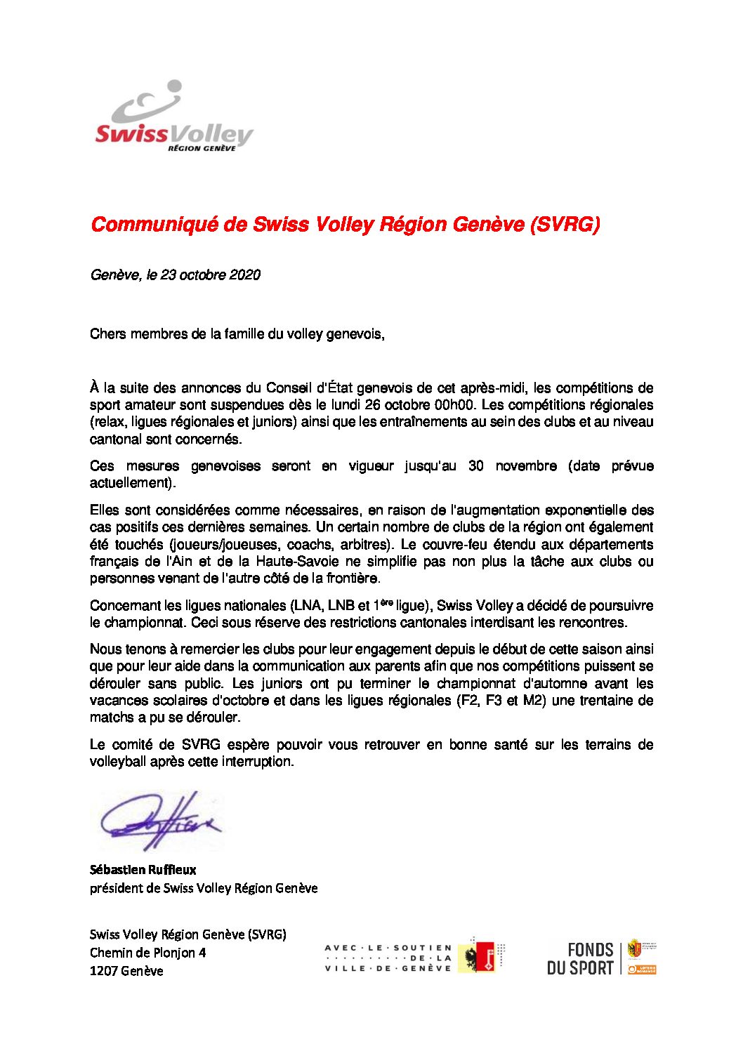 Interruption des activités – Communiqué SVRG